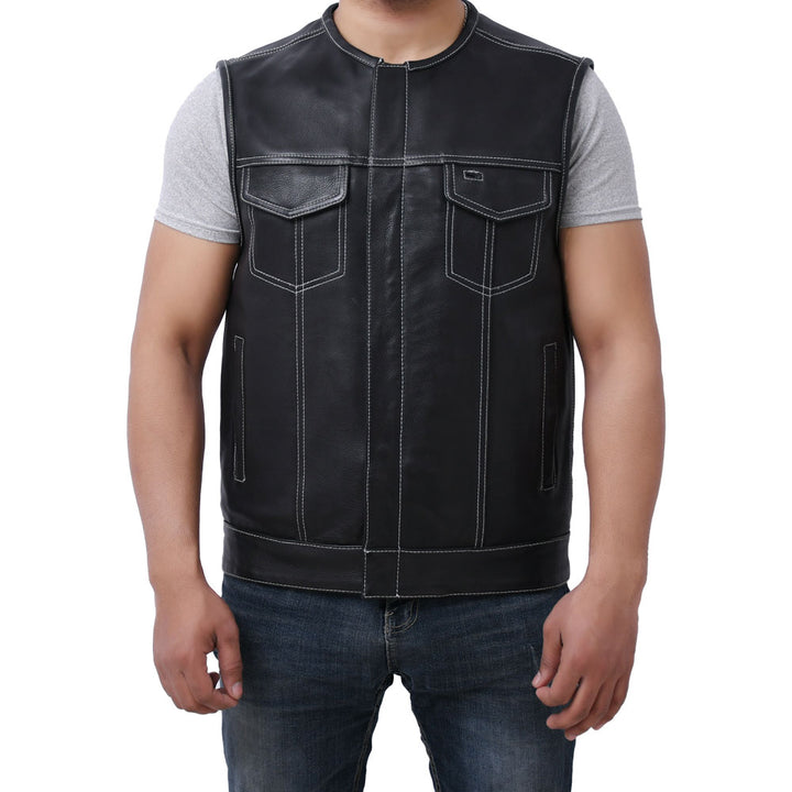 3_f4a6d72b-fd29-42b5-b587-a8afd7ec59d2 Men's Black Leather Motorcycle Vest – Club Style Biker Jacket - Image 1