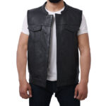 Men’s Black Genuine Leather Biker Vest with Concealed Carry Pockets