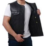 Men's Black Leather Vest with Chest Pocket and Sleek Zipper Closure - Image 6