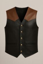 Men’s Black & Brown Two-Tone Leather Vest – Western Style, Lightweight, Button Front Design