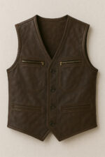 Men’s Dark Brown Lightweight Biker Leather Vest – Stylish Chest Zipper Design