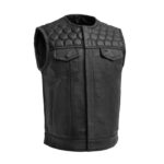 Men's Black Quilted Motorcycle Leather Vest with Front Zipper Closure