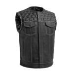Men's Black Motorcycle Leather Vest with Hexagonal Pattern