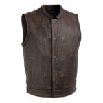 Men's Brown Leather Vest with Mandarin Collar and Distressed Finish