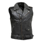 Men's Black Leather Vest with Biker Styling and Adjustable Waist Belt