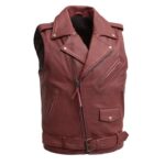 Men’s Maroon Biker Leather Vest with Belted Waist