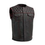 Men's Black Leather Motorcycle Vest with Hexagonal Padded Shoulder Design