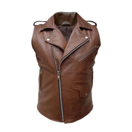 Men's Dark Brown Leather Vest with Quilted Shoulders and Paisley Lining