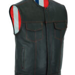 Premium Men’s Black Leather Motorcycle Vest - Red Stitching & USA Flag Lining