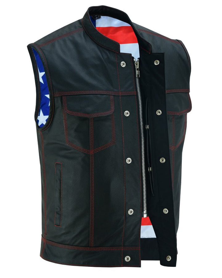 q.10414.0-ds165-1 Men's Black Leather Motorcycle Vest with Red Stitching and USA Flag Lining - Image 1