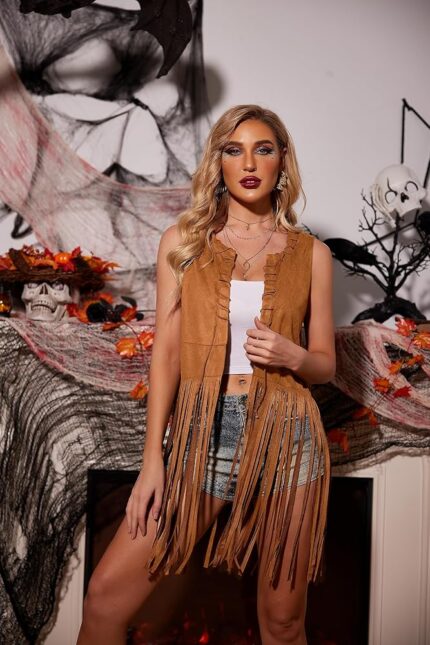 Women Suede Fringe Vest Brown – Boho Western Sleeveless Tassel Vest